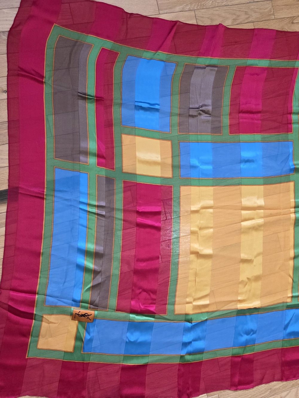 Yves Saint Laurent Silk Scarf - Colorblock, Fuchsia Red Blue & White 90cm